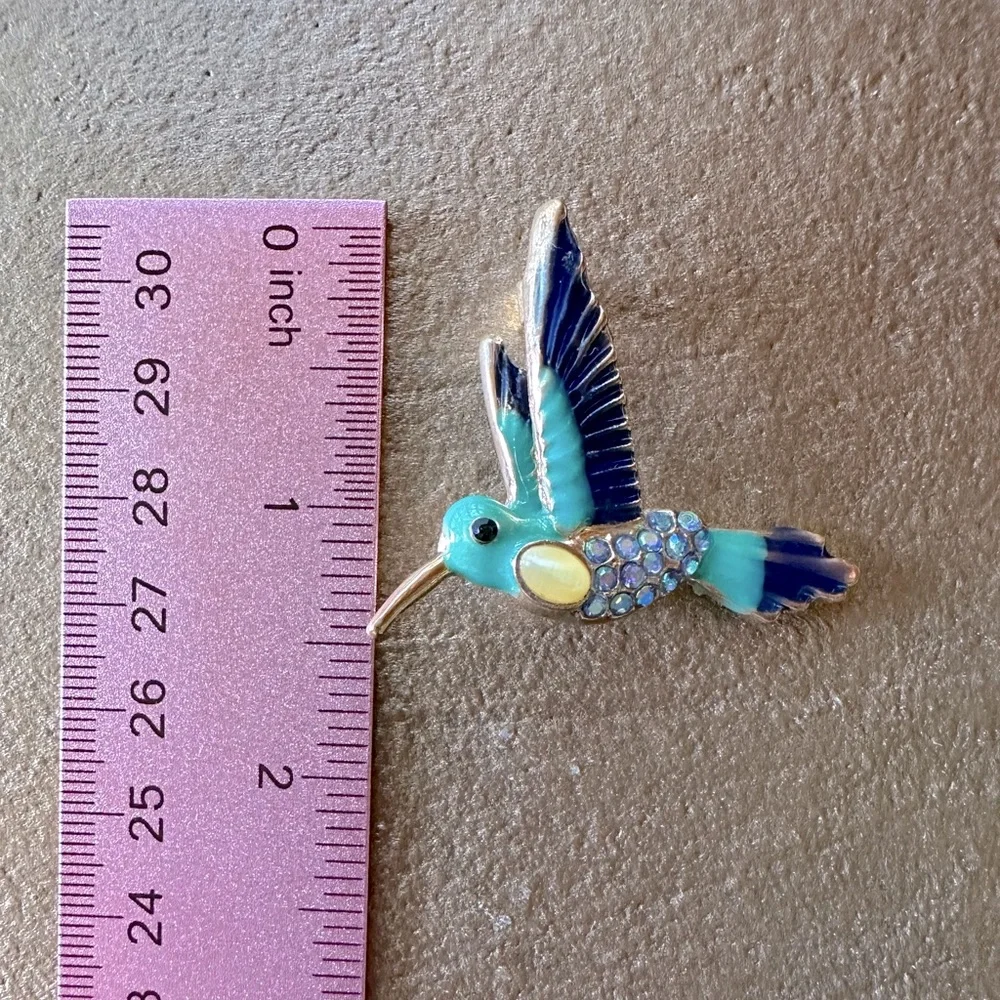 Turquoise, Blue & Yellow Hummingbird Brooch Pin Crystals Rhinestones & Enamel - Picture 11 of 12
